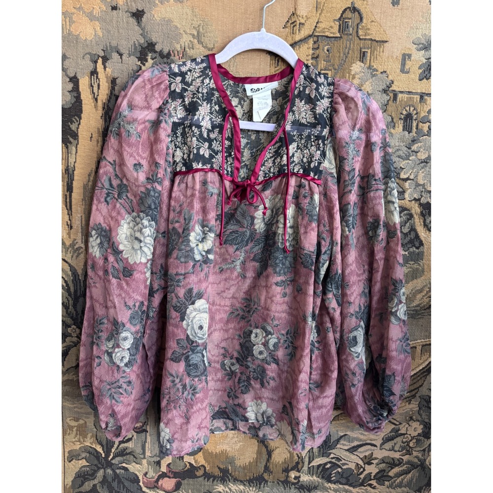 Vintage 70s Sauci California Floral Peasant Blouse Mauve Boho Balloon Sleeve